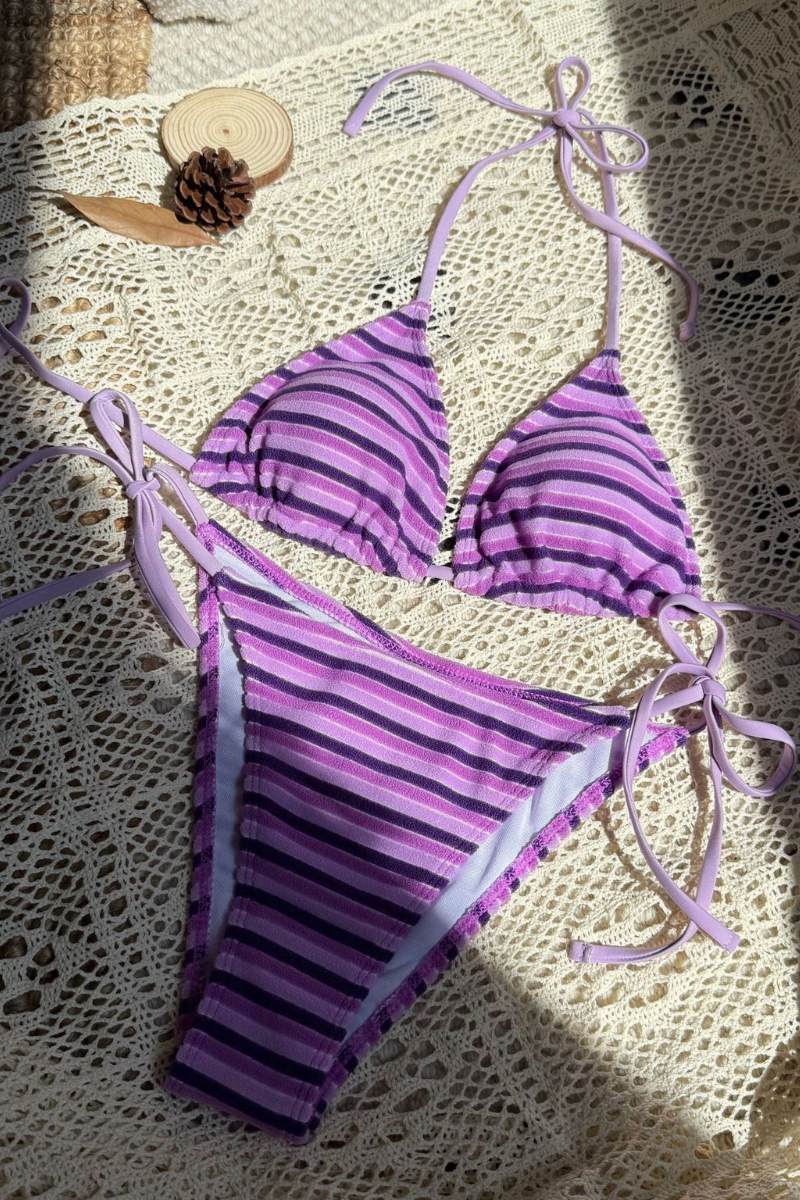 Women's Summer Colorful Striped Halter Neck Dopamine Bikini