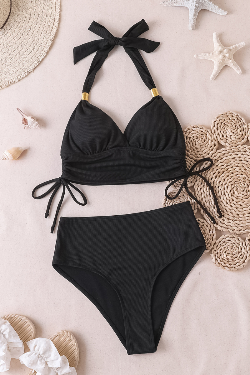 Women's Halter V-Neck Side Tie High Waisted Bikini Set