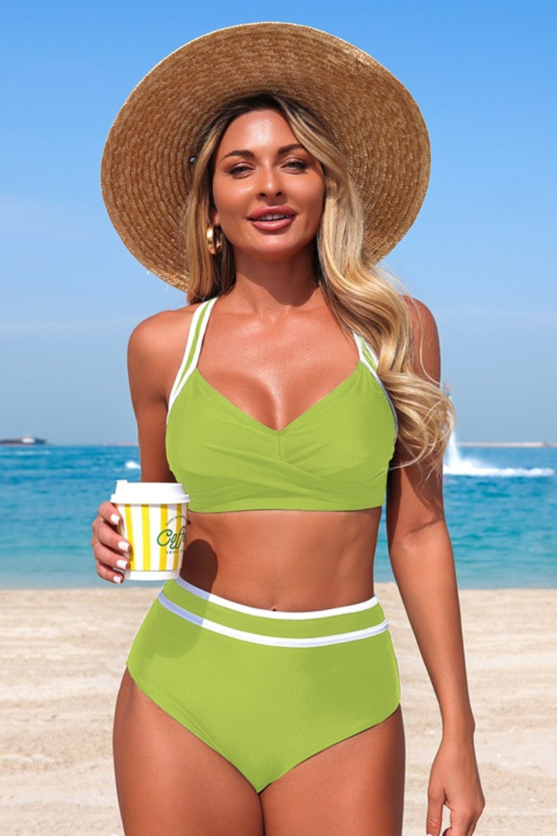 Women's V-neck Color Block High Waist Cross Back Bikini