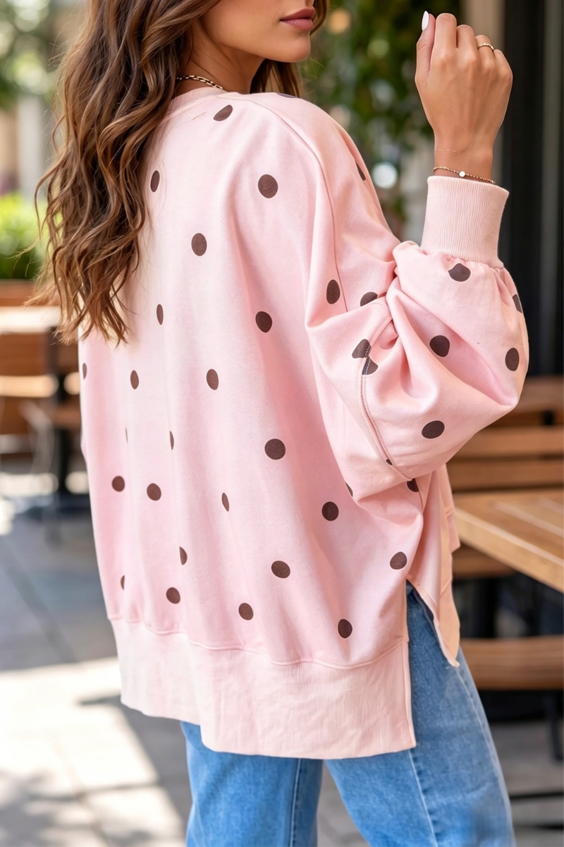Women's Fall/Winter Polka Dot Side Slit Hem Print Oversized Pullover