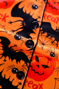 Women's Halloween Pumpkin Bat Spider Web Print Pajama Set