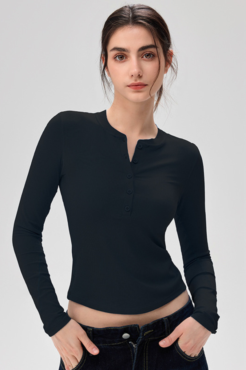 Women's Henley Neck Ribbed Slim Fit Long Sleeve Sports Top