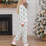 Women's Fall Thin Striped Hem Christmas Tree Pajama Sets