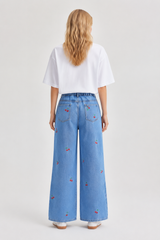 Women's High Waist Cherry Embroidered Wide Leg Jeans
