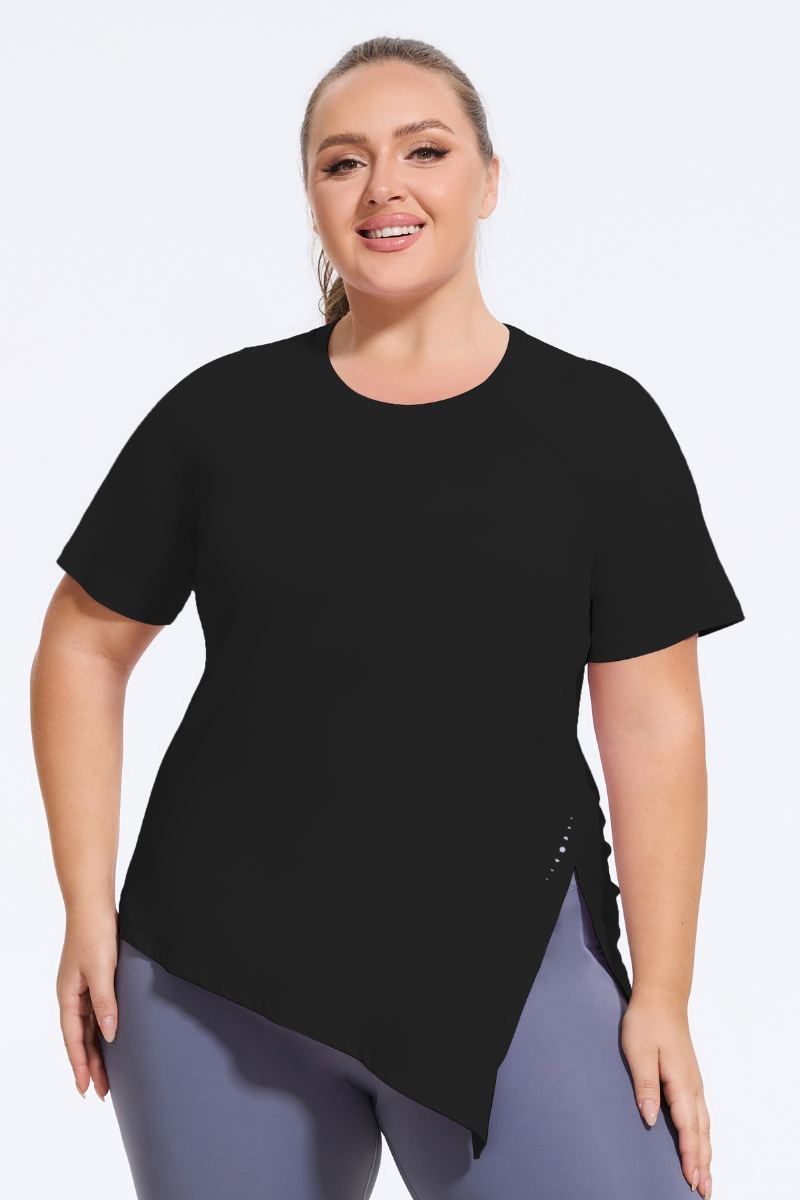 Plus Size Athletic Women's Asymmetric Slit Yoga T-Shirt