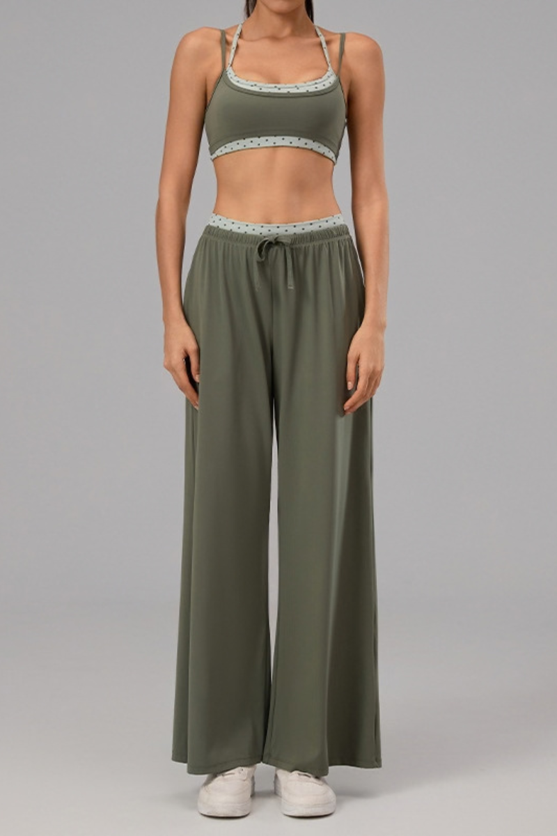 Women's Polka Dot Contrast Bra and Wide Leg Pants Yoga Set