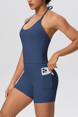 Women's Sport Set:Thin Tie Straps Halterneck And Side Pocket Shorts