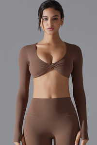 Women' Athletic Twist-Front V-Neck Long Sleeves T-shirt