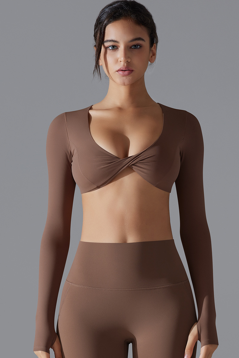 Women' Athletic Twist-Front V-Neck Long Sleeves T-shirt