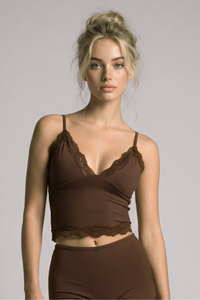 Women's Lace V-Neck Thin Strap Crop Pilates Top with Lace