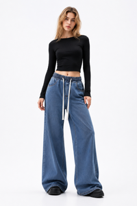 Women's Fall Drawstring Waist Wide Leg Jeans