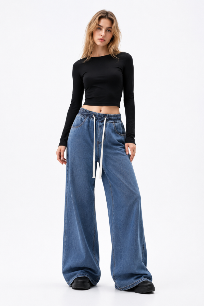Women's Fall Drawstring Waist Wide Leg Jeans