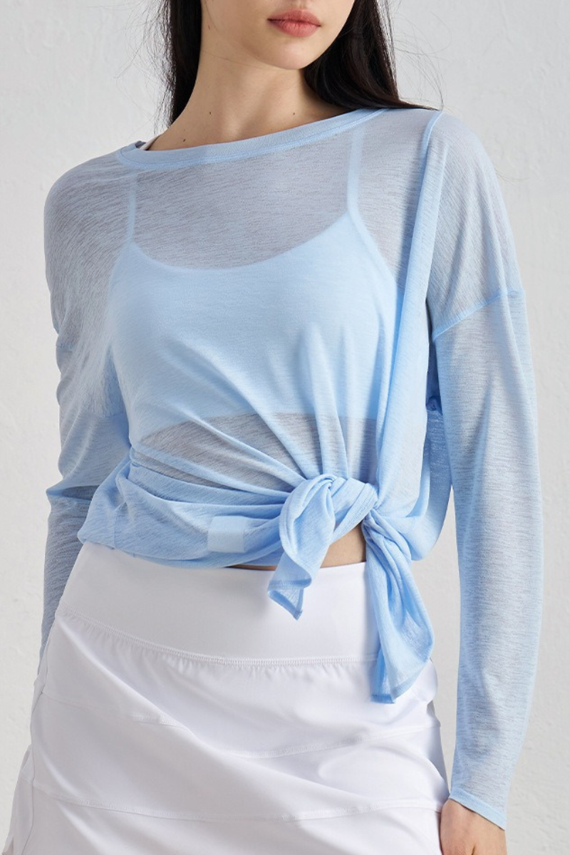 Women's Spring Summer Loose Fit Sheer Side Slit Long Sleeve Top