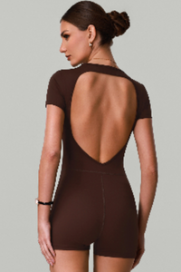 Women's Solid Open-Back Short-Sleeve Workout Jumpsuit