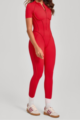 Women's Half-Zip Short Sleeve Open Back Jumpsuit