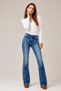 Women's High Waist Flare Jeans with Side Button Details