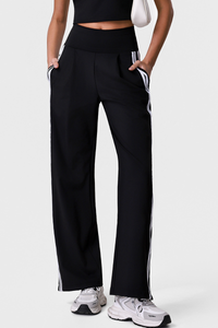 Women's Pleated Front Side-Stripe Wide-Leg Athletic Pants