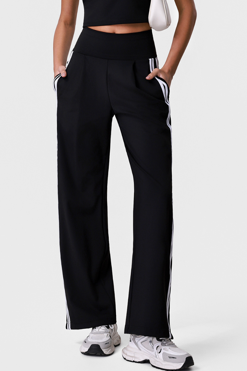 Women's Pleated Front Side-Stripe Wide-Leg Athletic Pants