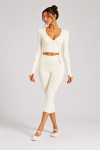 Women's Side Wrap Tie Long Sleeve Top And Capri Yoga Set