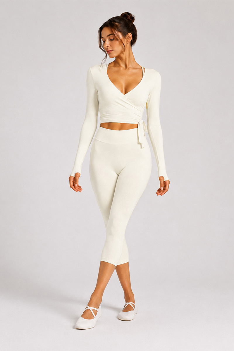 Women's Side Wrap Tie Long Sleeve Top And Capri Yoga Set