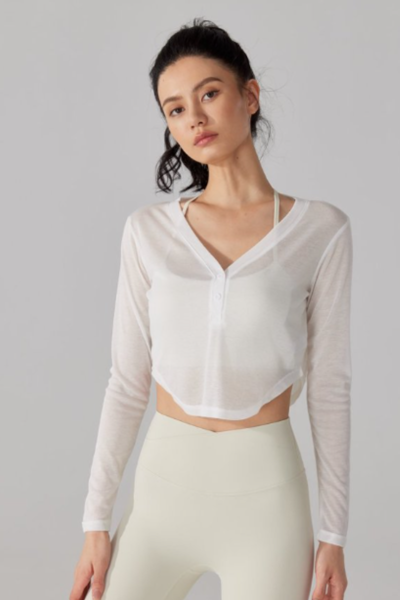 Women's V-Neck Sheer Cropped Long Sleeve Yoga Cover-Up
