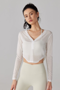 Women's V-Neck Sheer Cropped Long Sleeve Yoga Cover-Up