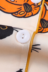 Women's Fall Halloween Pumpkin Black Cat Print Pajama Set