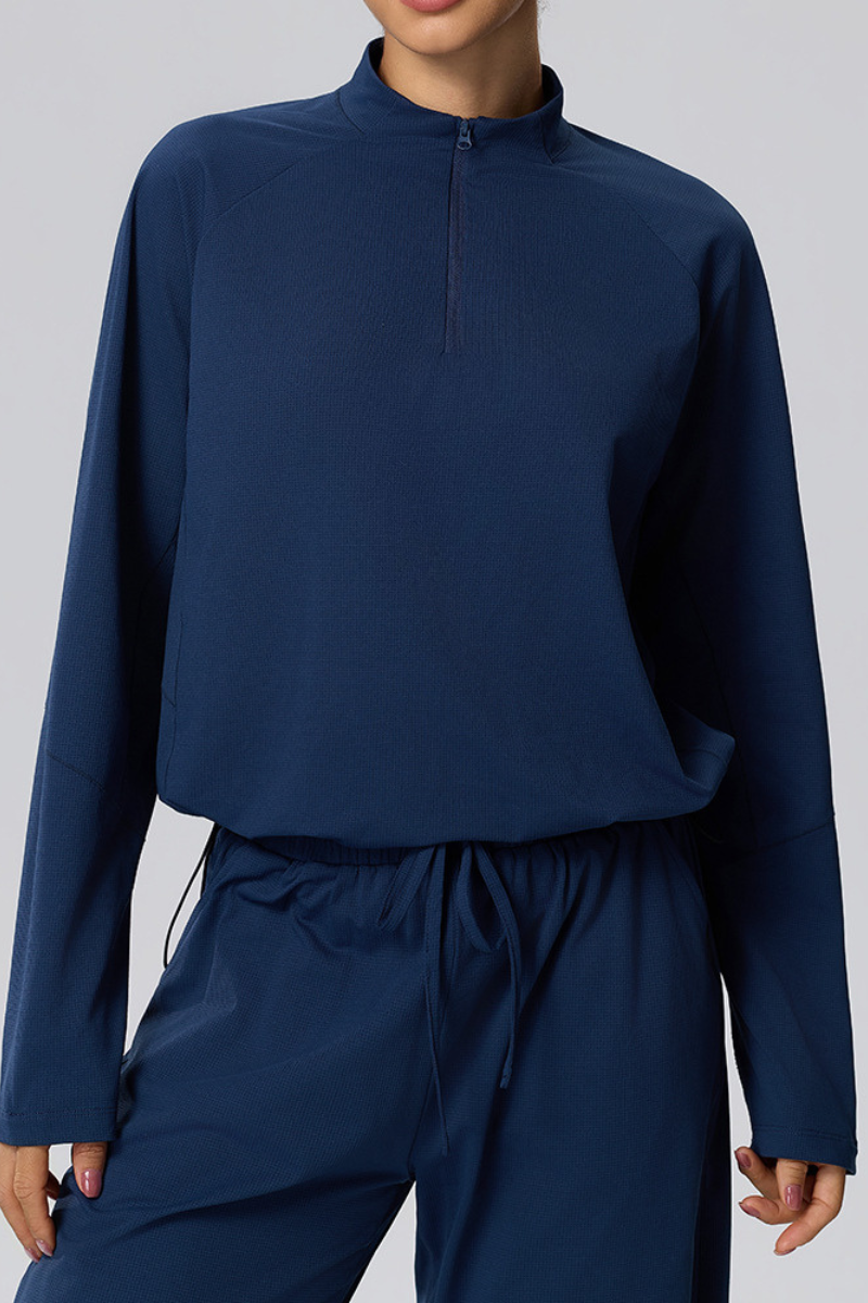 Women's Fall Half-Zip Drawstring Hem Mock Neck Athletic Top