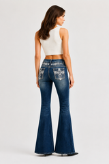 Women's Mid-Rise Flare Jeans with Retro Embroidery