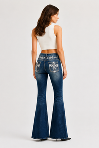 Women's Mid-Rise Flare Jeans with Retro Embroidery