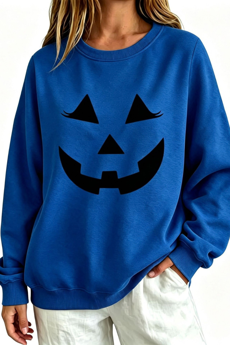 Women's Fall Halloween Pumpkin Face Print Relaxed Sweatshirt
