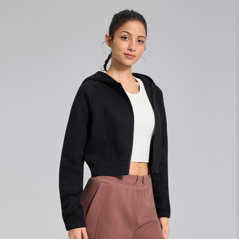 Short sports jacket with women's zipper and velvet yoga suit, casual hooded top