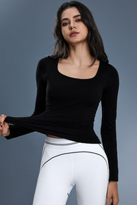 Women Square-Neck Built-in Bra Slim-Fit Workout Long Sleeves