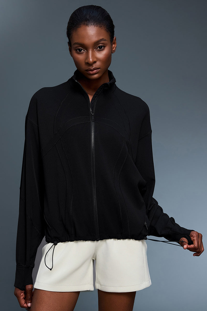 Women Windproof Stand-Collar Loose-Fit Adjustable Hem Workout Jacket