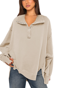 Loose-fitting, flared-neck hoodie with a split design