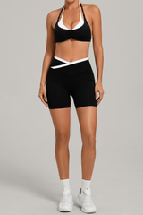 Women's Color Block Set:Halter Bra & V Waist Pocket Shorts
