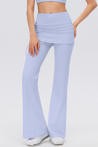Women's Fake 2-Piece Skort Overlay Ruched Flare Yoga Pants