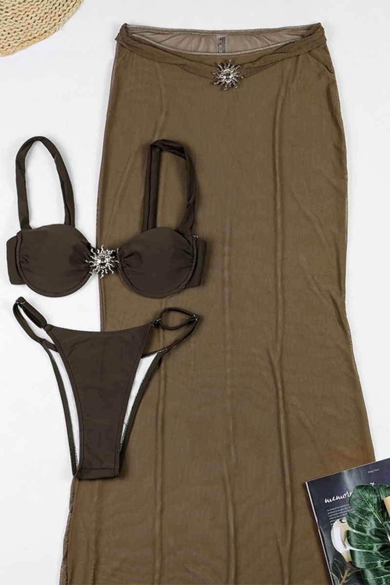 Women's Solid 3-Piece Bikini - Strappy Sexy Triangle Set