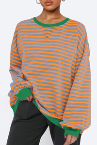 Women Fall Contrast Striped Lantern Sleeve Loose Sweatshirt