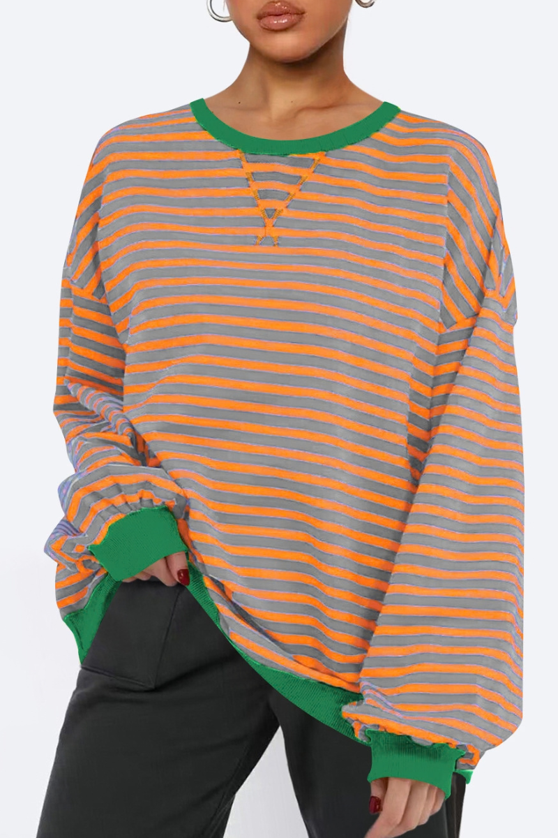 Women Fall Contrast Striped Lantern Sleeve Loose Sweatshirt
