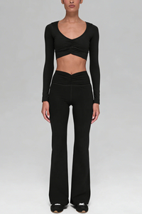 Women's V-Neck Ruched Long-Sleeve Top & Flare Pant Sport Set
