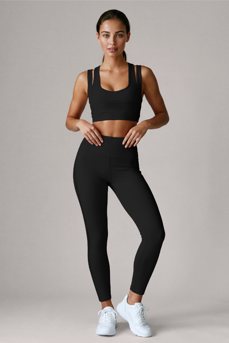Women’s Double Strap Bra And Side Mesh Leggings Yoga Sets