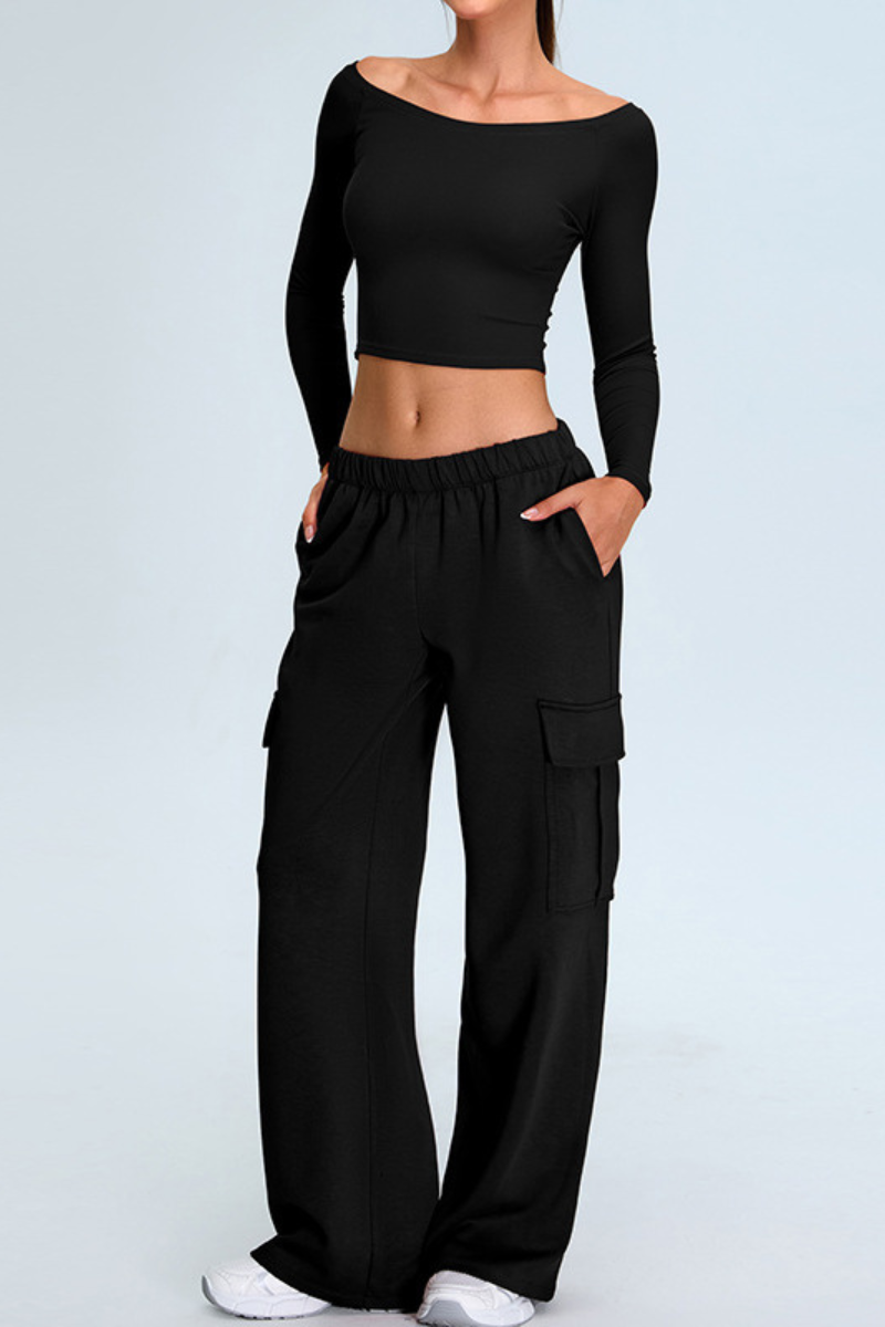 Women's Set:Off The Shoulder Cropped Top And Wide Leg Pants