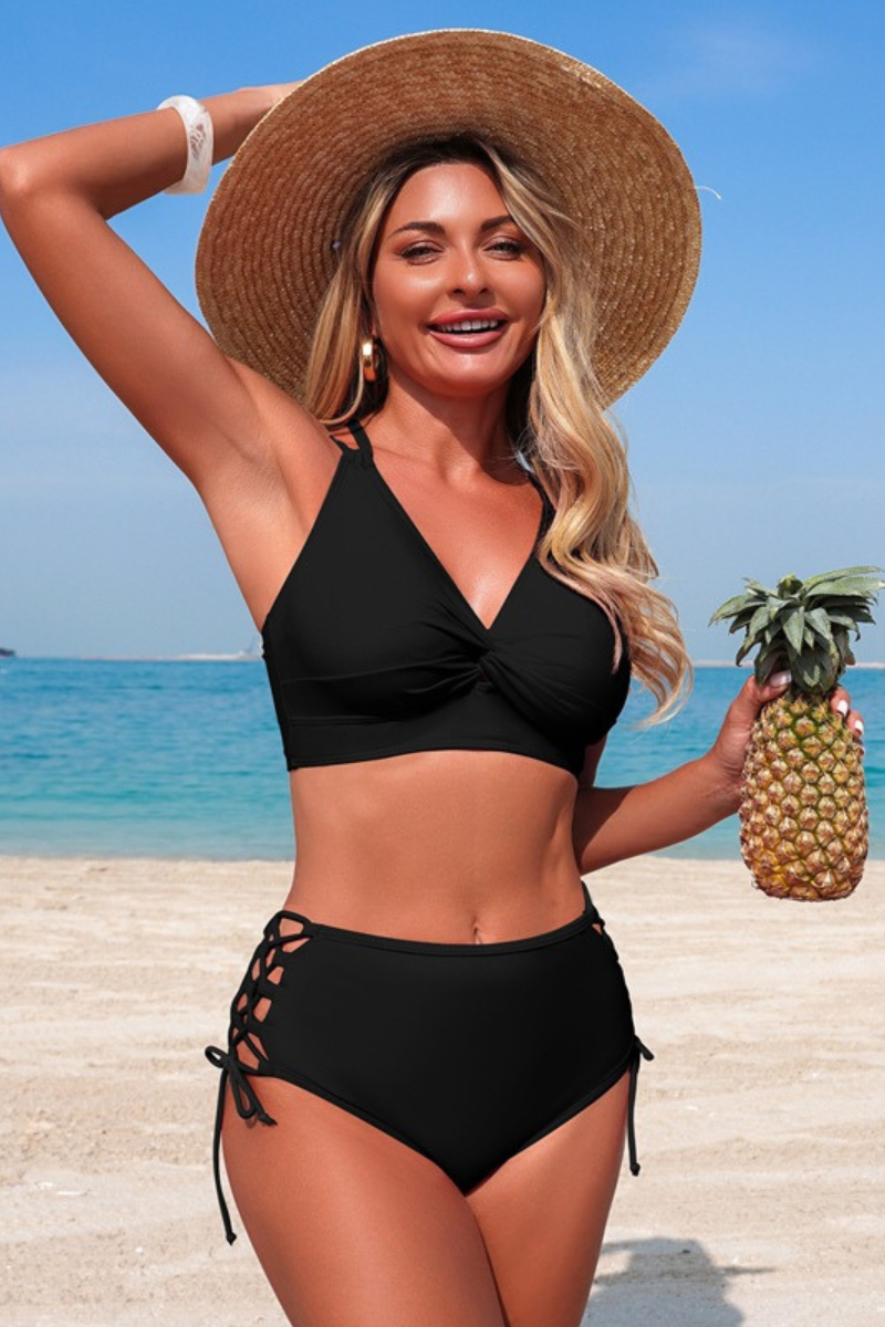 Women's V-neck Twist-Front Cross Back Side Cot Out Bikini