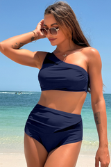 Women's One Shoulder Solid Pleated High Waist Bikini