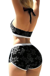 Women's Tropical Halter Deep V High Waist Shorts Bikini Set