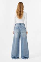 Women's 100% Cotton Mid Waist Wash Wide Leg Jeans