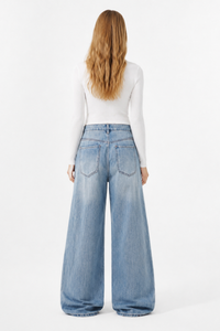Women's 100% Cotton Mid Waist Wash Wide Leg Jeans
