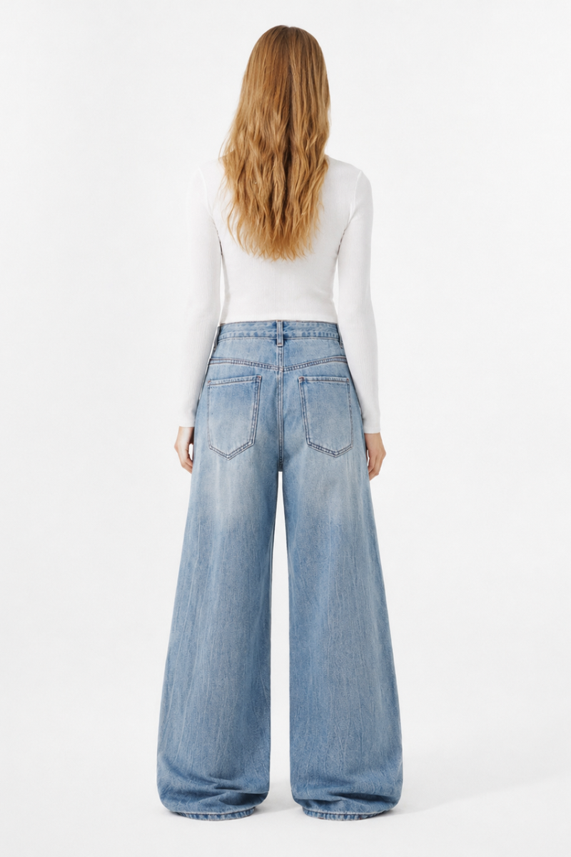 Women's 100% Cotton Mid Waist Wash Wide Leg Jeans