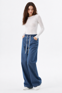 Women's Fall Drawstring Waist Side Pocket Wide Leg Jeans